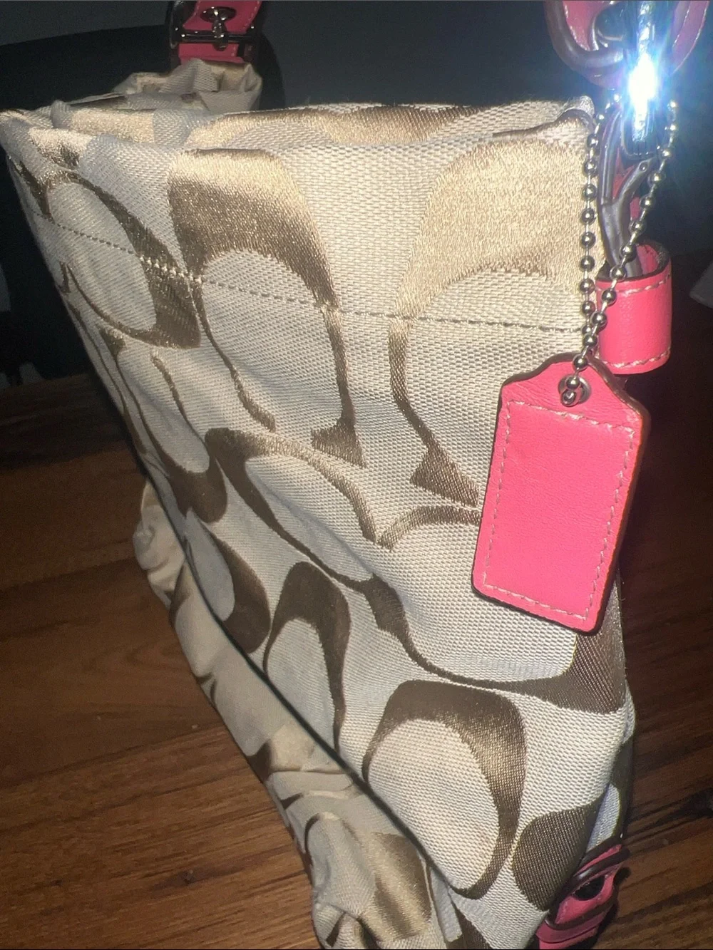Coach Beige Signature Canvas Shoulder Bag with Pink Leather Strap